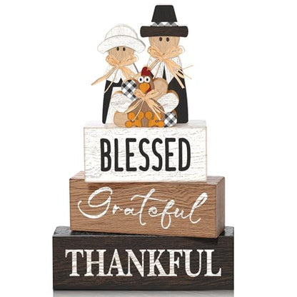 4 Pcs Thanksgiving Decor for Home Pilgrim Couple Wooden Signs with Turkey - style: Pilgrim