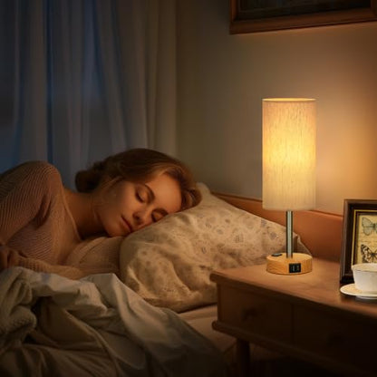 Fenmzee Bedside Table Lamp Set of 2 - Dimmable Touch, USB A+C, AC Outlet - color: Cream - Wood Grain 2, size: 14"