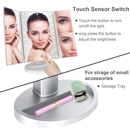 deweisn Dresser Mount Tri-Fold Lighted Vanity Mirror with 21 LED Lights, Touch Screen and 3X/2X/1X Magnification, Two Power Supply Modes Make Up Mirror,Travel Mirror - color: Silver