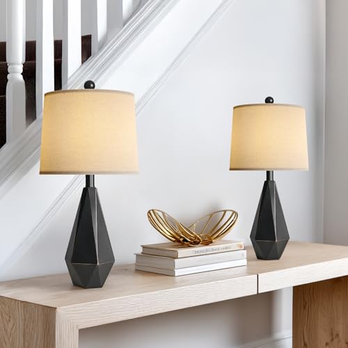 PoKat 23'' Farmhouse Table Lamps Set of 2, Black Bedside Lamps for Bedroom Night Stands, Modern Nightstand Lamps for Living Room, End Side Table, Black - color: Medium - Black with Gold