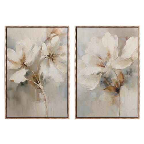 Kate and Laurel Sylvie Beaded Abstract Botanical Floral Linen Painting 1 and 2 Vintage Framed Canvas Wall Art Set by The Creative Bunch Studio, 2 Piece Set 23x33 Gold, Simple Floral Art for Wall - color: Beaded Gold, size: 2 Piece Set 23x33