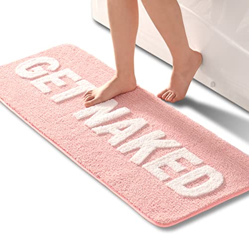 QJHOMO Long Get Naked Bath Mat Cute Pink Bathroom Rug Non Slip, 18" x 48" - color: Pink and White, size: 1'6" x 4' (Rectangular)
