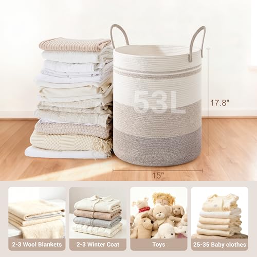 53L Tall Cotton Rope Laundry Basket with Handles, Brown Striped - color: Brown Striped, size: 53L