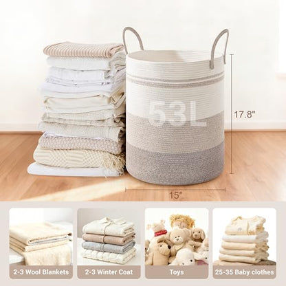 53L Tall Cotton Rope Laundry Basket with Handles, Brown Striped - color: Brown Striped, size: 53L