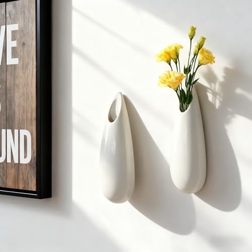 White Ceramic Wall Vases, Set of 2, 7.9 Inch, Teardrop Design - color: 2pcs-medium