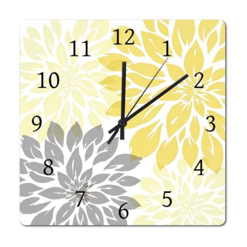 Modern Dahlia Flowers Yellow and Gray Grey Square Decorative Wooden Wall Clock - 12 Inch Wall Clock Clocks Wall Decor 12 Inch Battery Operated Decorative Wall Clock Silent Wood Wall Clock - color: A11-3, size: 12x12in
