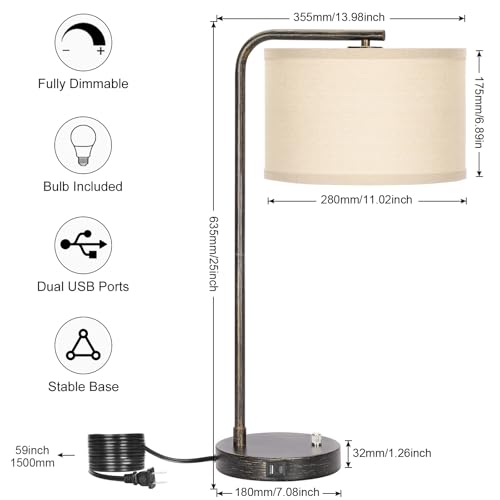 25" Tall Bedside Table Lamp with USB C+A Ports, Fully Dimmable Desk Lamp - color: Black with Brushed Gold