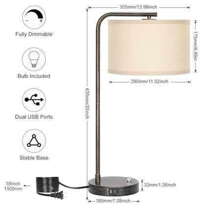 25" Tall Bedside Table Lamp with USB C+A Ports, Fully Dimmable Desk Lamp - color: Black with Brushed Gold