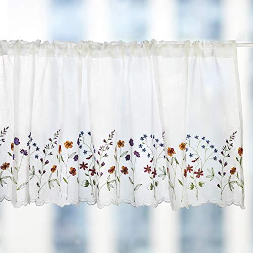 027 Floral Embroidery Pastoral Style Valance, White Sheer Flowers Valances,Window Treatment for Kitchen,W60XL18 inch (Wild Flower) - size: 60"W x 18"L (Pack of 1)