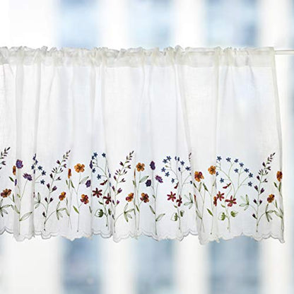 027 Floral Embroidery Pastoral Style Valance, White Sheer Flowers Valances,Window Treatment for Kitchen,W60XL18 inch (Wild Flower) - size: 60"W x 18"L (Pack of 1)