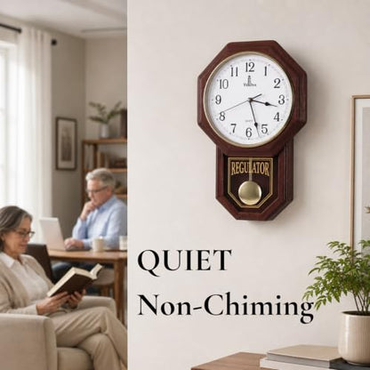 Pendulum Wall Clock, Real Wood Regulator Clock, Quiet, Non-Chiming, Wooden - color: Dark Wood