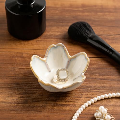 Mecaikru Ceramic Jewelry Tray, 3.5 in Flower Ring Dish with Gift Box & Card - color: grey