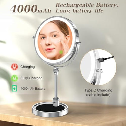 Rocollos Tabletop Makeup Mirror with Built-in Vanity Tray, 9" Rechargeable 4000mAh Lighted Vanity Mirror 1X/10X Magnification, Height-Adjustable Arm, 3 Color Dimmable (9Inch Chrome) - color: 9inch Chrome