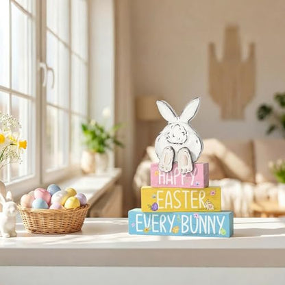 Smile Happy Easter Every Bunny Wooden Block Stack Decor, 3-Tiered Pastel Blocks with Bunny Silhouette for Spring & Easter Tabletop Display
