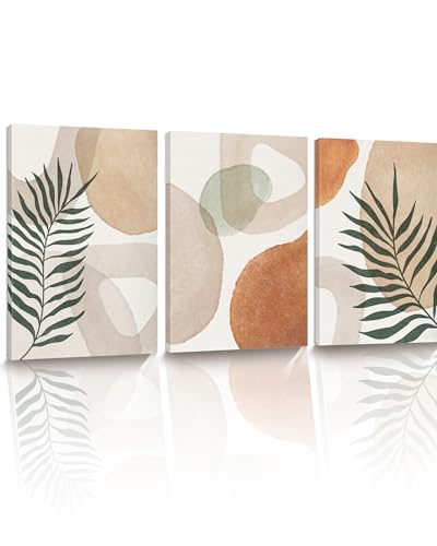 HesenDot Abstract Botanical Wall Art Set of 3, 30x40CM Neutral Plant Framed Canvas Prints, Beige Green Boho Aesthetic Wall Decor for Living Room Bedroom Bathroom Office Home - color: Abstract Wall Art-Framed, size: 16"L x 12"W