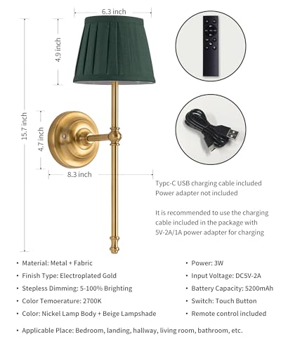KDG Gold Cordless Wall Sconces Set of 2, Green Fabric LED Wall Lamps - color: Gold + Green Lampshde (2 Pack)