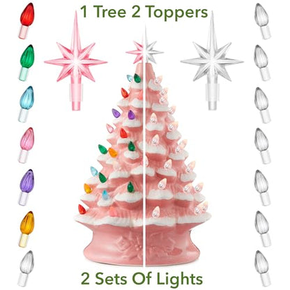 Casafield Hand Painted Ceramic Christmas Tree, Pink Snow Flocked 15-Inch Pre-Lit Tree with 128 Multi Color Lights and 2 Star Toppers - color: Pink Snow Flocked