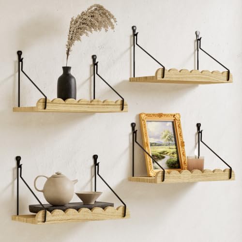 QsQueen Scalloped Floating Shelves for Wall, 4 Pack 11.8 inch Paulownia Wood Wall Shelves with Decorative Metal Rail, Rustic Display Shelf for Plants, Bathroom, Bedroom, Living Room & Home Decor - color: Light Brown