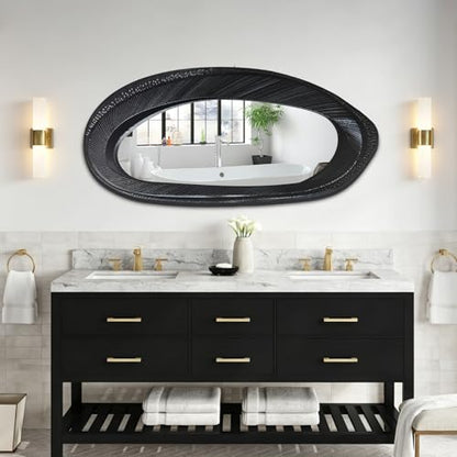 POZINO 47"X22" Large Irregular Wall Mirror, Black Asymmetrical Oval Mirror - size: 47"L x 22"W
