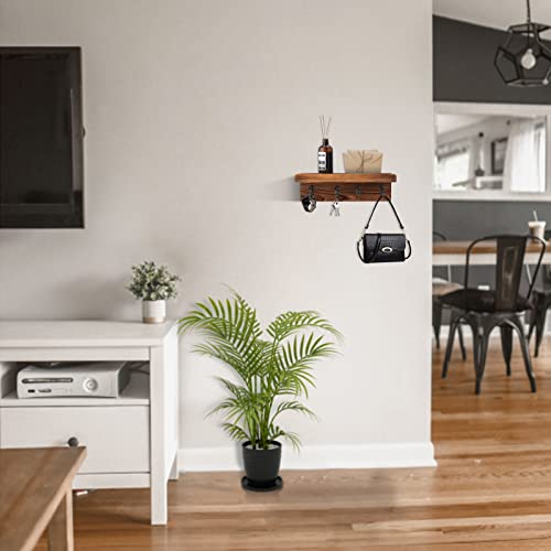 Key Holder Wall Mount, Farmhouse Wall Shelf with 4 Hooks for Entryway - color: Brown - Pine