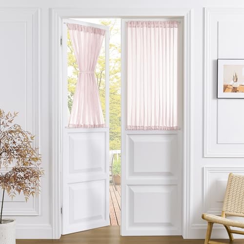 Tollpiz Small Sheer Door Curtain Closet Linen Textured Curtain Sheers Doorway Light Filtering Voile French Door Rod Pocket Curtains Patio Glass Doors, 25 x 40 inches Long, Pink, 1 Panel - color: Pink, size: 25"W x 40"L (Pack of 1)
