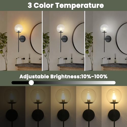 Globe Battery Operated Sconce Set of 2 with Clear Glass Lampshade - color: Black-Clear