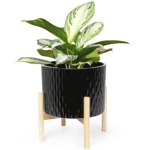 LaDoVita Ceramic Plant Pot with Stand, 10 Inch Planter with Wood Shelf, Modern Round Flower Pots Indoor with Wood Planter Holder, Black Water Ripple Pattern