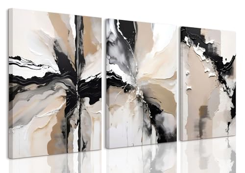 LYPHNX Framed Black and Brown Abstract Geometric Canvas Wall Art Modern Grey White Beige Print Poster Set of 3 Painting Terracotta Brush Strokes Picture Home Decor for Bathroom Bedroom Office 16"x24" - color: Abstract Black Beige, size: 16"x24" Canvas