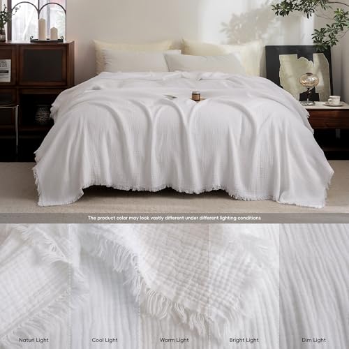 FOSSA Muslin Blanket 4-Layer 100% Cotton Gauze Blanket with Fringe 66"x90" - color: Bright White, size: Twin XL (66" × 90")