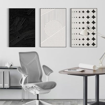 QKF 3Pcs Black White Abstract Geometric Textured Framed Canvas Wall Art Set - color: Simple Black and White, size: 16" X 24" X 3 pieces