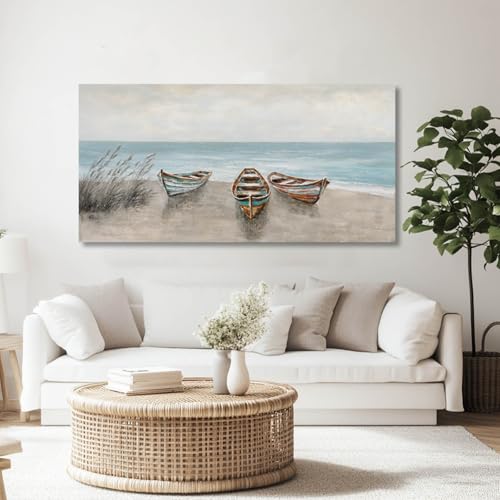 Coastal Boat Canvas Wall Art Beige Blue for Living Room 24x48 Inch - color: Blue and Brown, size: 48"L x 24"W