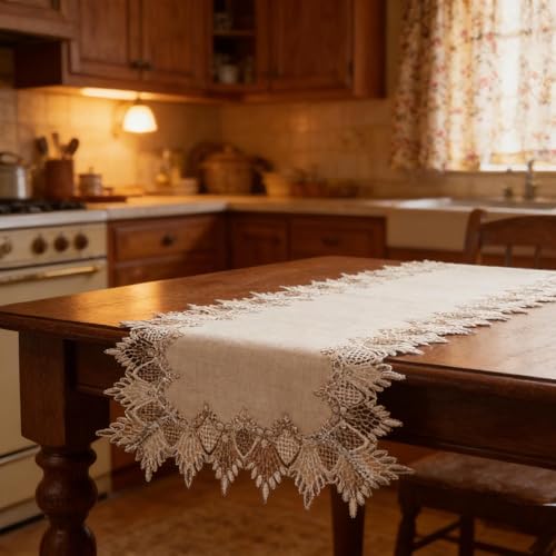 2 Pcs Lace Doily, 16"*35" Rectangle Neutral Earth Tones Beige Lace Coffee Table Topper Linen Style Tablecloth Placemats with Embroidery Edge for Dining Room - size: 16*35"