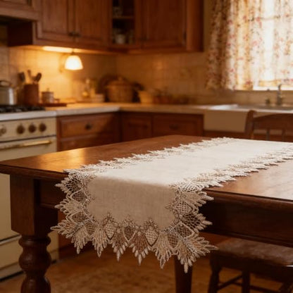 2 Pcs Lace Doily, 16"*35" Rectangle Neutral Earth Tones Beige Lace Coffee Table Topper Linen Style Tablecloth Placemats with Embroidery Edge for Dining Room - size: 16*35"