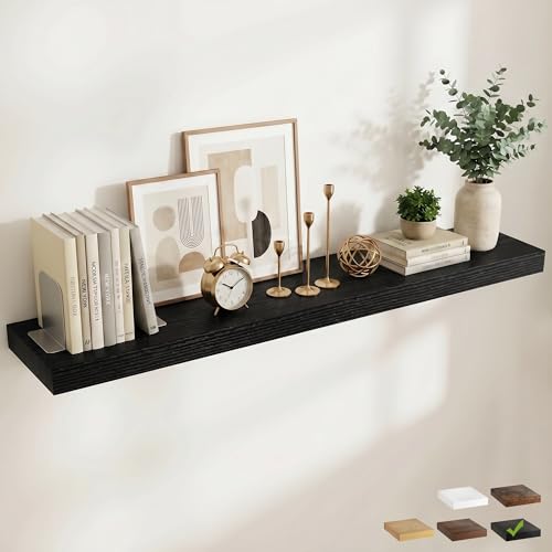 72 Inch Long Floating Shelves for Wall Set of 1, 12"D Wood Grain Shelves - color: Black, size: 72"Wx12"Dx2"H, 1P
