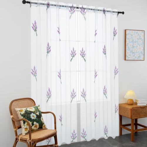 Floral Sheer Curtains Embroidered Lavender Patterned Semi-Sheer Curtain 72 Inches Long 2 Panels Rod Pocket Spring Voile Drapes for Living Room, Bedroom(W52 x L72 Inch, White&Purple) - color: Purple, size: 52"W x 72"L (Pack of 2)