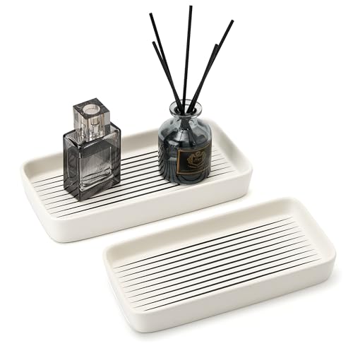 Bathroom Vanity Tray for Countertop,2PC Rectangle Striped Tray,Decorative Bathroom Organizer for Scrubber, Lotion Bottles, Perfume, Jewelry, Candle, Key Trinket Ring(Small,White) - color: White Color With Black Stripes-2 Pcs