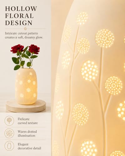 TACAHE Ceramic Vase Table Lamp - 2700K Bulb & 3 Artificial Flowers Included - style: Dandelion