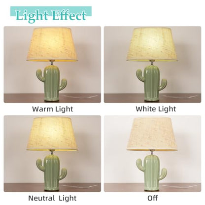 Cactus Desk Lamp, Modern Night Light with Fabric Lampshade, Ceramic Base, Adorable Bedside Table Lamp for Bedroom Nightstand