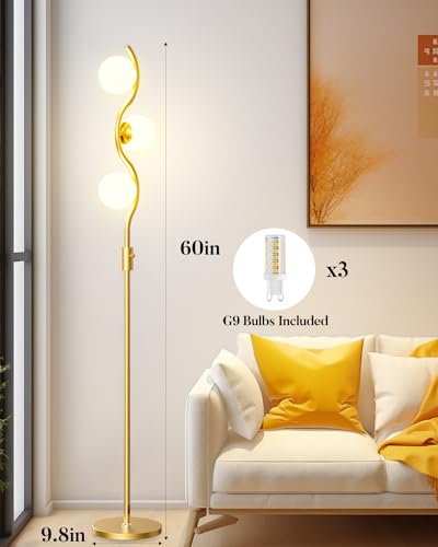 Lightdot 60IN Gold Floor Lamp Stepless Dimmable Globe Floor Lamps with 3Pcs 3000K Bulbs Included Eye-Friendly Mid Century Standing Lamps with 5Lbs Heavy Base for Living Room/Bedroom/Sofa Beside - color: 3 Globe-Gold S