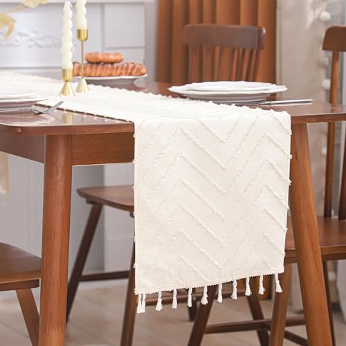 Boho Table Runner 12×120 Long with Tassels Beige Wave Fall Decor - color: Beige Wave