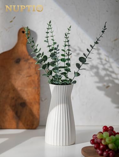 NUPTIO White Ceramic Flower Vase, Ribbed Texture, 7.9" Tall, Unglazed - size: Style 1-Ribbed