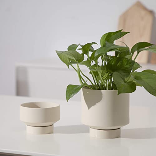 UBEE 2 Ceramic Pots for Indoor Plants Set, 5.43 Inch + 4.61 Inch Plant Pots with Drainage Holes and Saucers, Ceramic Succulents Planter Pot Flower Pot with Saucer, Beige - color: Beige