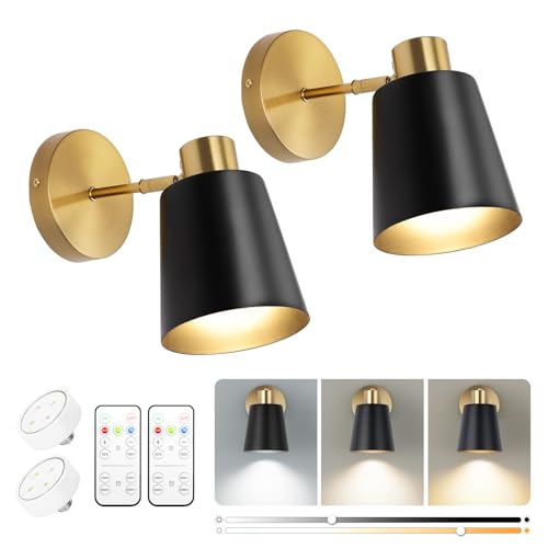 Battery Operated Wall Sconce, Modern Wireless Sconces Set of 2, Cordless Wall Decor Battery Powered Wall Light with Remote Control, Vintage Black and Gold Wall Lamp for Living Room Bathroom Hallwa - color: Black and Gold