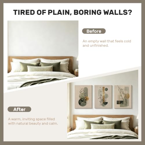 CUQQI Neutral Abstract Wall Art Set, Green Gold Canvas Prints 12x16In - color: Fern lines, size: 16" H x 12" W x 3Pcs