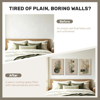 CUQQI Neutral Abstract Wall Art Set, Green Gold Canvas Prints 12x16In - color: Fern lines, size: 16" H x 12" W x 3Pcs