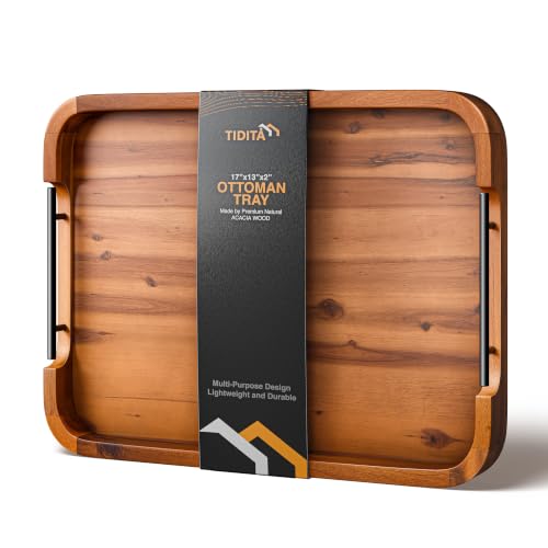 TIDITA 17"x13" Rectangular Wooden Serving Tray, Metal Handles Ottoman Tray - color: Acacia Color, size: 17" x 13" x 2"
