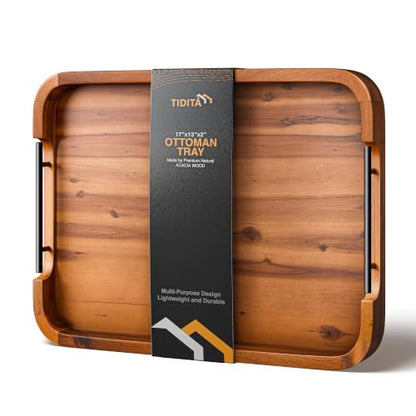 TIDITA 17"x13" Rectangular Wooden Serving Tray, Metal Handles Ottoman Tray - color: Acacia Color, size: 17" x 13" x 2"