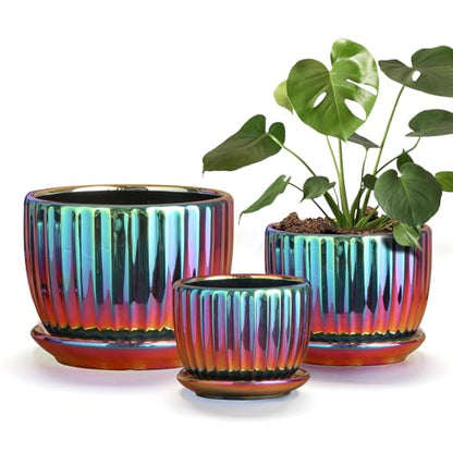 Ceramic Planters,Plant Pots with Drainage Holes & Saucers Set of 3(Purple) - color: Purple