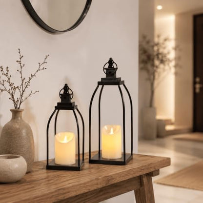 Decorative Candle Lanterns Set of 2, Black Metal for Indoor & Outdoor - size: 12+15in