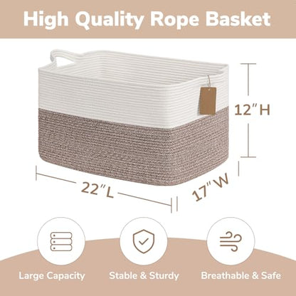 Goodpick 75L Extra Large Woven Rope Blanket Basket, Rectangle, Brown - color: Brown, size: 22"L x 17"W x 12"H